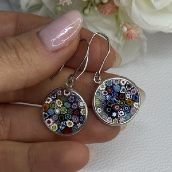 Murano Venice Millefiori 925 Sterling Silver Earrings Length 1.60 Inch