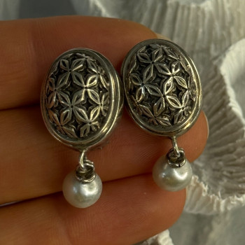Michael Dawkins 925 Sterling Silver Pearl Earrings Length 1.30 Inch