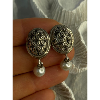 Michael Dawkins 925 Sterling Silver Pearl Earrings Length 1.30 inch