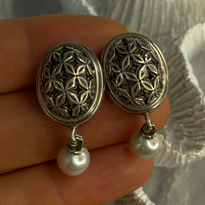 Michael Dawkins 925 Sterling Silver Pearl Earrings Length 1.30 Inch
