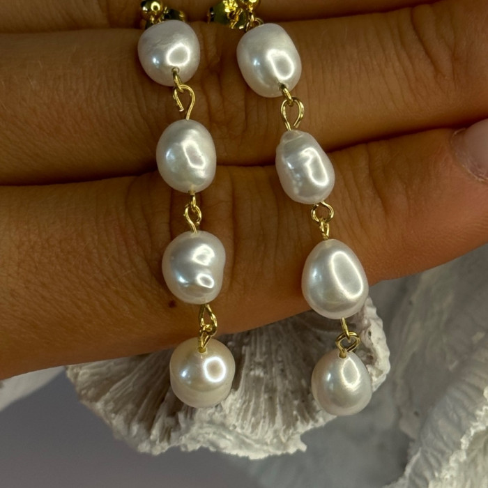 925 Sterling Silver Gold Plated Pearl Earrings Length 2.30 Inch