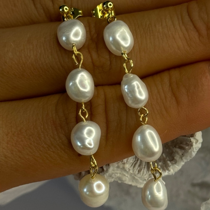 925 Sterling Silver Gold Plated Pearl Earrings Length 2.30 Inch