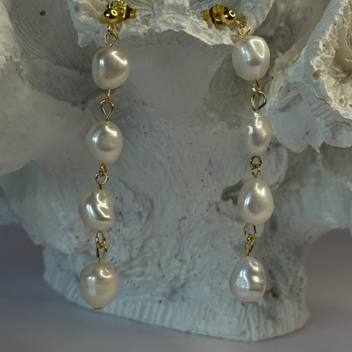 925 Sterling Silver Gold Plated Pearl Earrings Length 2.30 Inch