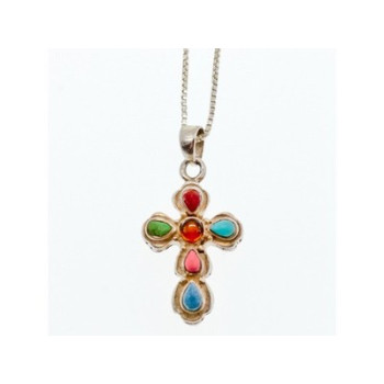 925 Sterling Silver Amber & Multicolor Agate Chain with Cross