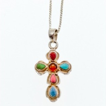 925 Sterling Silver Amber & Multicolor Agate Chain With Cross