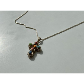 925 Sterling Silver Amber & Multicolor Agate Chain with Cross