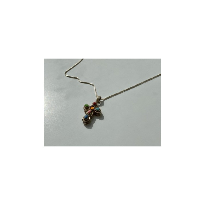 925 Sterling Silver Amber & Multicolor Agate Chain with Cross