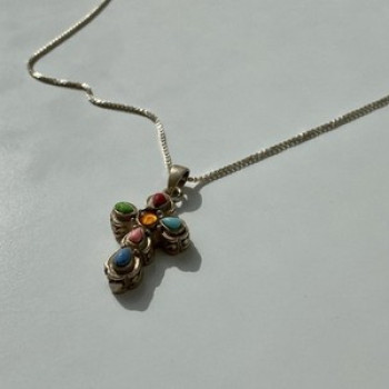 925 Sterling Silver Amber & Multicolor Agate Chain With Cross