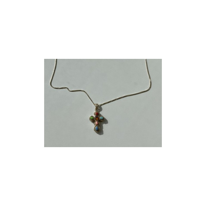 925 Sterling Silver Amber & Multicolor Agate Chain with Cross