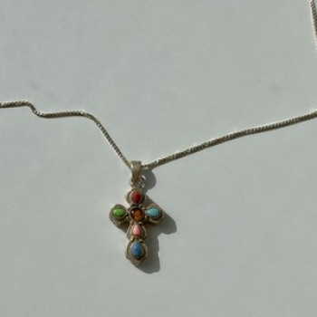 925 Sterling Silver Amber & Multicolor Agate Chain With Cross