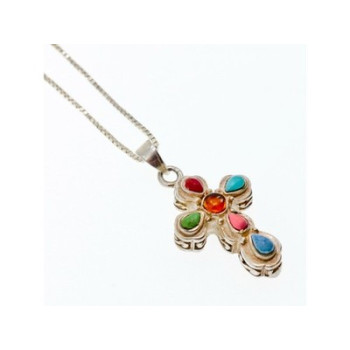 925 Sterling Silver Amber & Multicolor Agate Chain with Cross