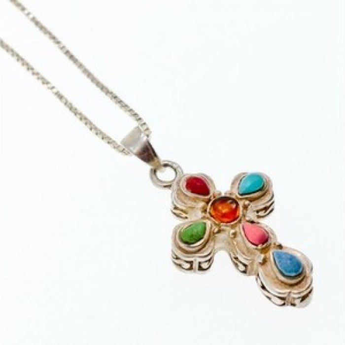 925 Sterling Silver Amber & Multicolor Agate Chain With Cross
