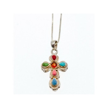 925 Sterling Silver Amber & Multicolor Agate Chain with Cross