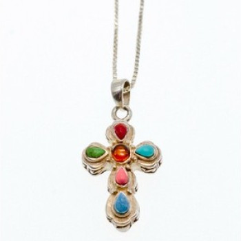925 Sterling Silver Amber & Multicolor Agate Chain With Cross