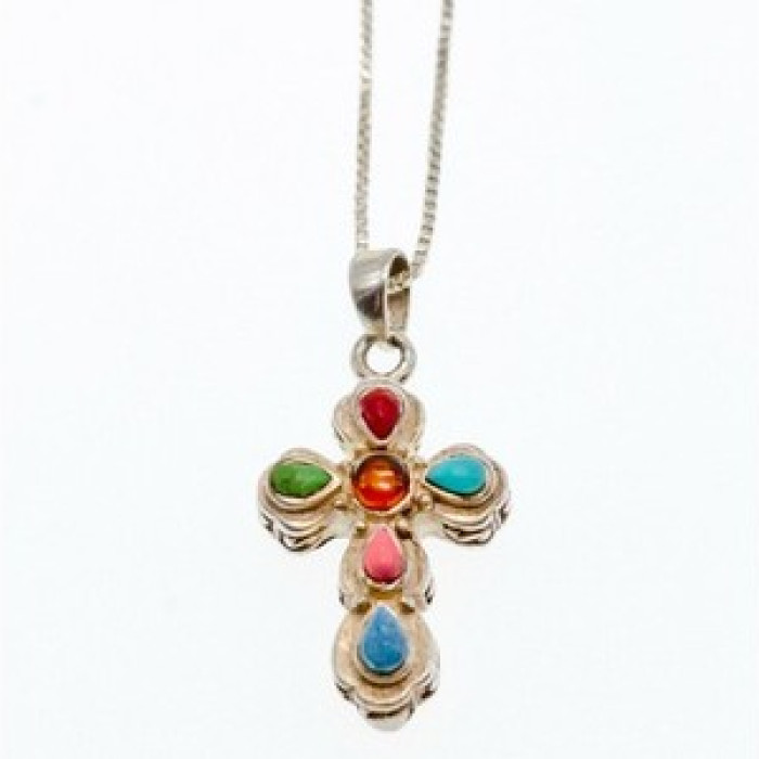 925 Sterling Silver Amber & Multicolor Agate Chain With Cross