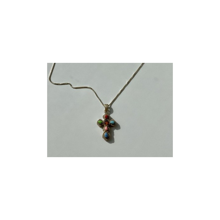 925 Sterling Silver Amber & Multicolor Agate Chain with Cross