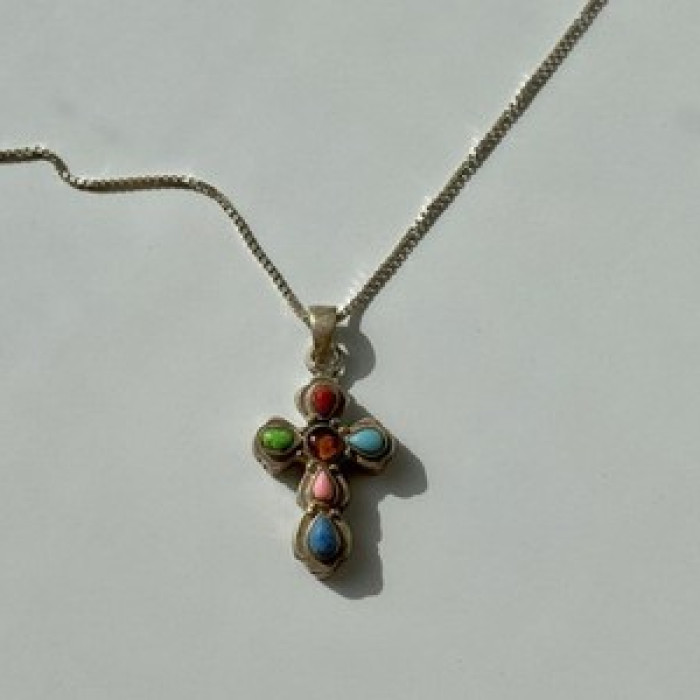 925 Sterling Silver Amber & Multicolor Agate Chain With Cross