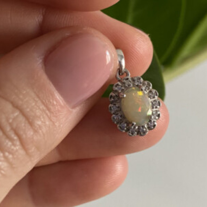 925 Sterling Silver Opal & CZ Pendant