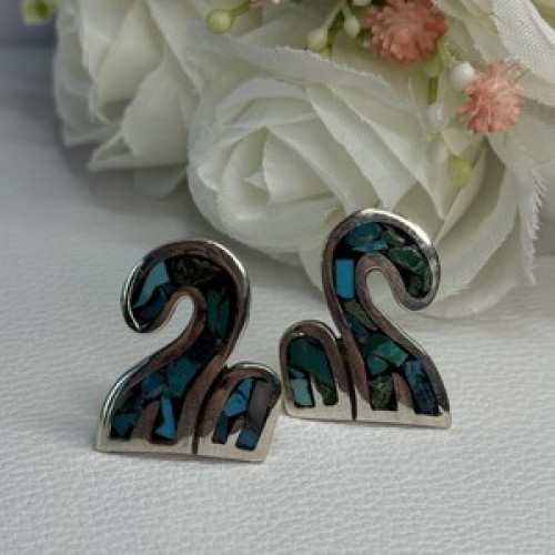 Vintage Taxco 925 Sterling Silver Turquoise Earrings Length 0.92 Inch