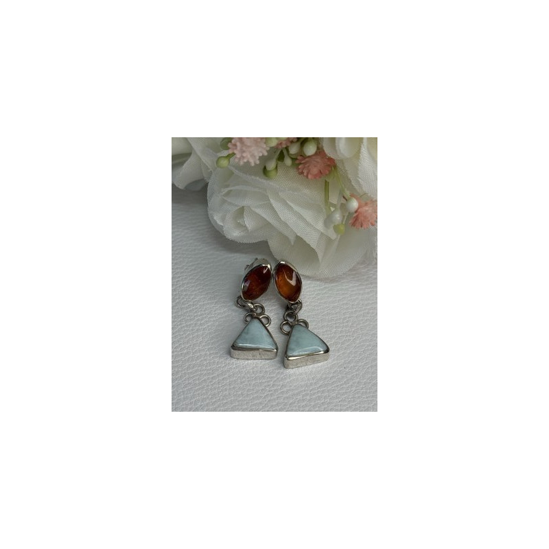 925 Sterling Silver Amber & Larimar Earrings Length 1.30 Inch