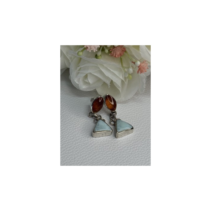 925 Sterling Silver Amber & Larimar Earrings Length 1.30 Inch