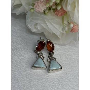 925 Sterling Silver Amber & Larimar Earrings Length 1.30 Inch