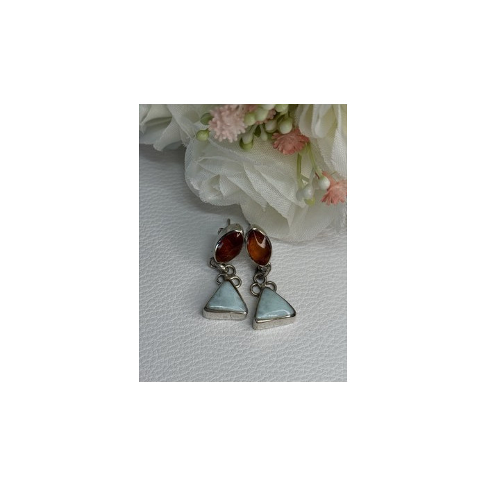925 Sterling Silver Amber & Larimar Earrings Length 1.30 Inch