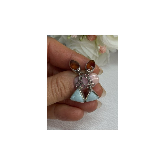 925 Sterling Silver Amber & Larimar Earrings Length 1.30 Inch