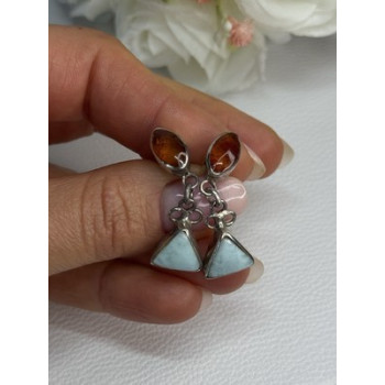 925 Sterling Silver Amber & Larimar Earrings Length 1.30 Inch