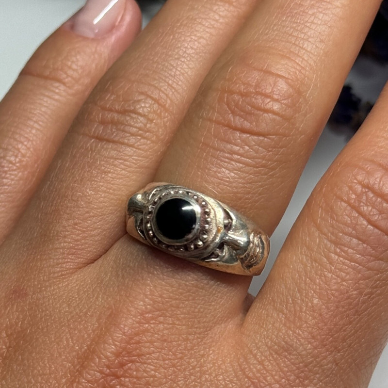 Vintage 925 Sterling Silver Black Enamel Face Ring Size 8
