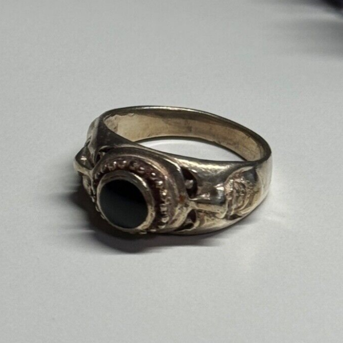 Vintage 925 Sterling Silver Black Enamel Face Ring Size 8
