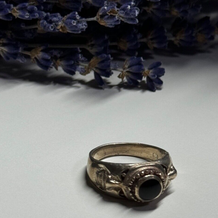 Vintage 925 Sterling Silver Black Enamel Face Ring Size 8