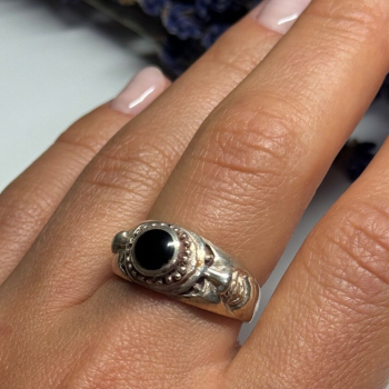 Vintage 925 Sterling Silver Black Enamel Face Ring Size 8