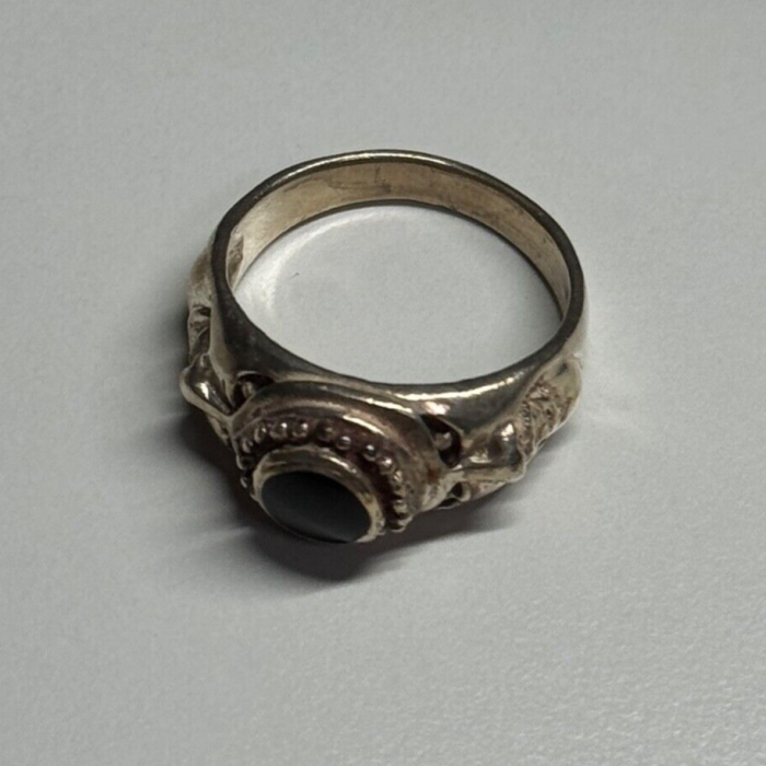 Vintage 925 Sterling Silver Black Enamel Face Ring Size 8