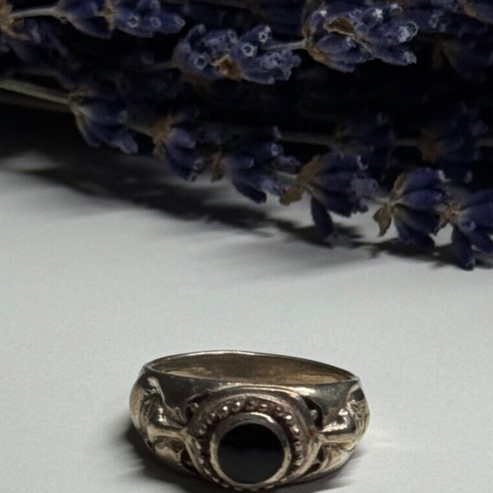 Vintage 925 Sterling Silver Black Enamel Face Ring Size 8