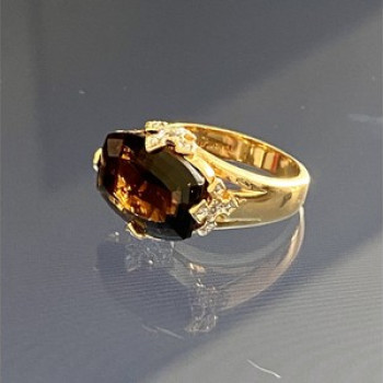 925 Sterling Silver Gold Plated Hessonite & Diamonds Ring Size 5.5
