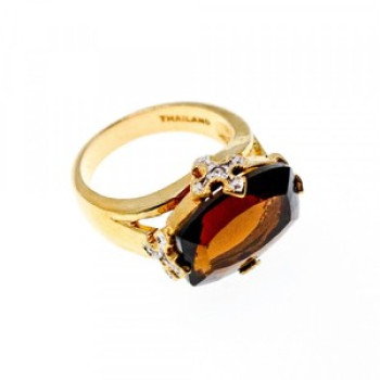 925 Sterling Silver Gold Plated Hessonite & Diamonds Ring Size 5.5