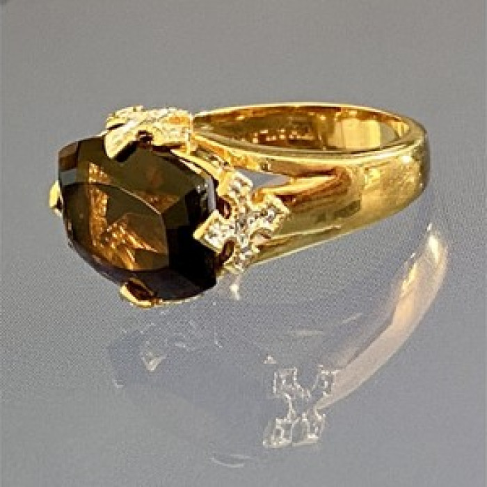 925 Sterling Silver Gold Plated Hessonite & Diamonds Ring Size 5.5