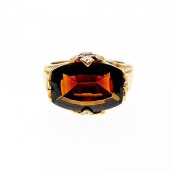 925 Sterling Silver Gold Plated Hessonite & Diamonds Ring Size 5.5