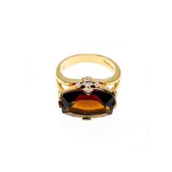 925 STERLING SILVER GOLD PLATED HESSONITE & DIAMONDS RING SIZE 5.5