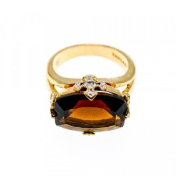 925 Sterling Silver Gold Plated Hessonite & Diamonds Ring Size 5.5