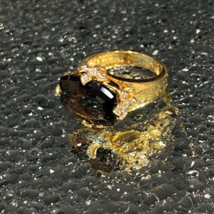 925 Sterling Silver Gold Plated Hessonite & Diamonds Ring Size 5.5