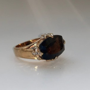 925 Sterling Silver Gold Plated Hessonite & Diamonds Ring Size 5.5