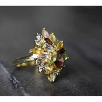 925 Sterling Silver Gold Plated Multi Gemstones Ring Size 6.5