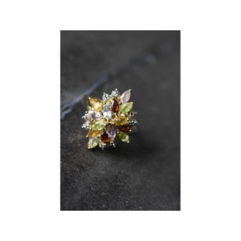 925 Sterling Silver Gold Plated Multi Gemstones Ring Size 6.5