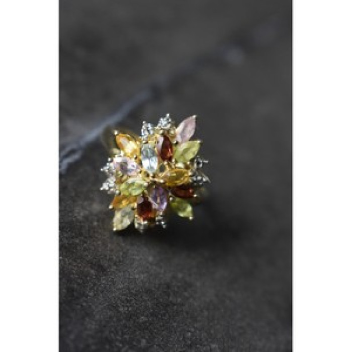 925 Sterling Silver Gold Plated Multi Gemstones Ring Size 6.5