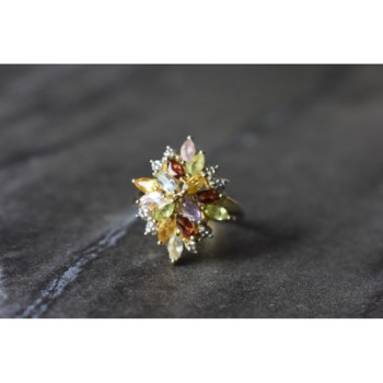 925 Sterling Silver Gold Plated Multi Gemstones Ring Size 6.5