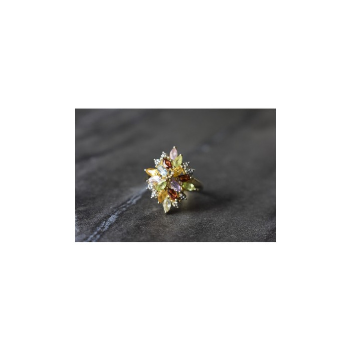 925 Sterling Silver Gold Plated Multi Gemstones Ring Size 6.5