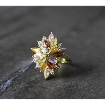 925 Sterling Silver Gold Plated Multi Gemstones Ring Size 6.5