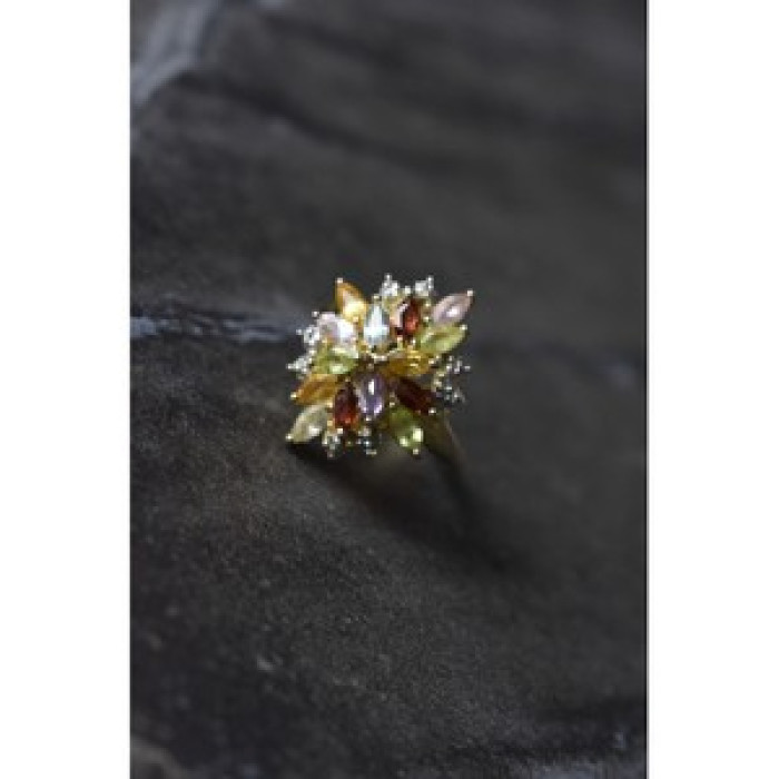 925 Sterling Silver Gold Plated Multi Gemstones Ring Size 6.5